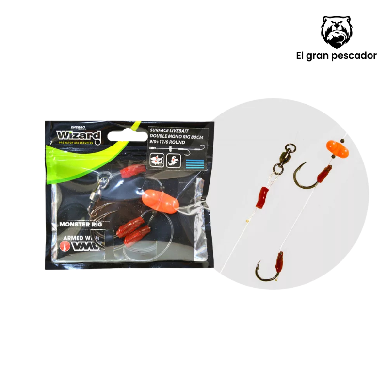 Wizard Surface Livebait Double Mono Rig 80cm 7/0+9/0 Round
