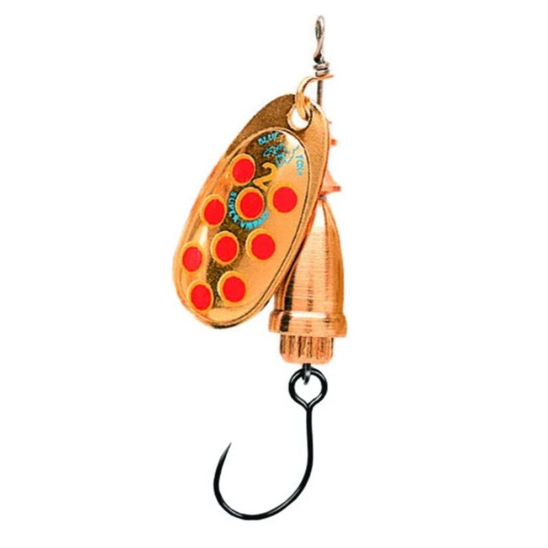 Cucharilla Blue Fox Vibrax Anzuelos sin Muerte Nº 2 Dorado Puntos Rojos