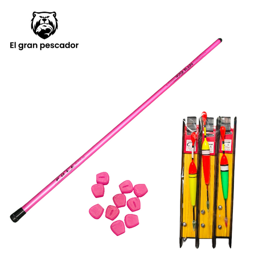 Combo Caña Rosa Coup 4m 20-40g + 3 Flotadores Montados + Maíz Artificial Rosa